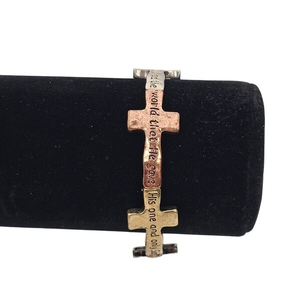 Inspirational Cross Bracelet Bible Verse In Tri-Color Gold  Metal Stretch Faith - Picture 1 of 14